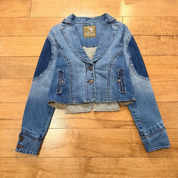 Pricxy Vintage Y2K Fairy Rhinestone Denim Jacket XL Blue Panelled Cropped Blazer - Picture 4 of 9